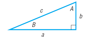 Right triangle with sides a, b, c and angles A, B, C