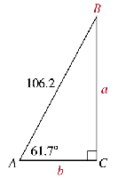 Right triangle with sides labeled a, b, and hypotenuse 106.2, angle 61.7°