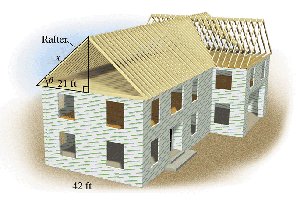 House with roof rafter triangle labeled with dimensions