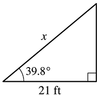 Right triangle with angle 39.8 degrees and base 21 ft