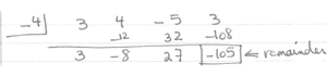 Synthetic division for Remainder Theorem with f(x) = 3x^3 + 4x^2 - 5x + 3, c = -4