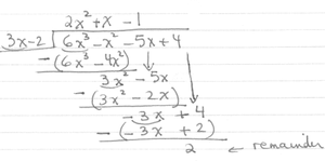 Long division of 6x^3 - x^2 - 5x + 4 by 3x - 2