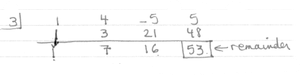 Synthetic division of x^3 + 4x^2 - 5x + 5 by x - 3