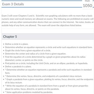 Exam objectives for conic sections and systems of equations