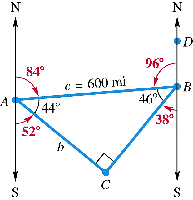 Triangle with bearings using the second method