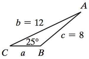 Triangle with b=12, c=8, angle C=25 degrees (second possible triangle)