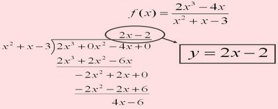 Long division showing oblique asymptote y=2x-2 for f(x) = (2x^3-4x)/(x^2+x-3)