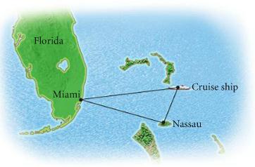 Map showing Miami, Nassau, and cruise ship