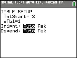 Table setup screen on calculator