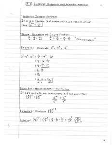 Handwritten notes on integer exponents and exponent rules with worked examples