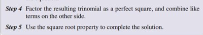 Steps for solving quadratic equations by completing the square