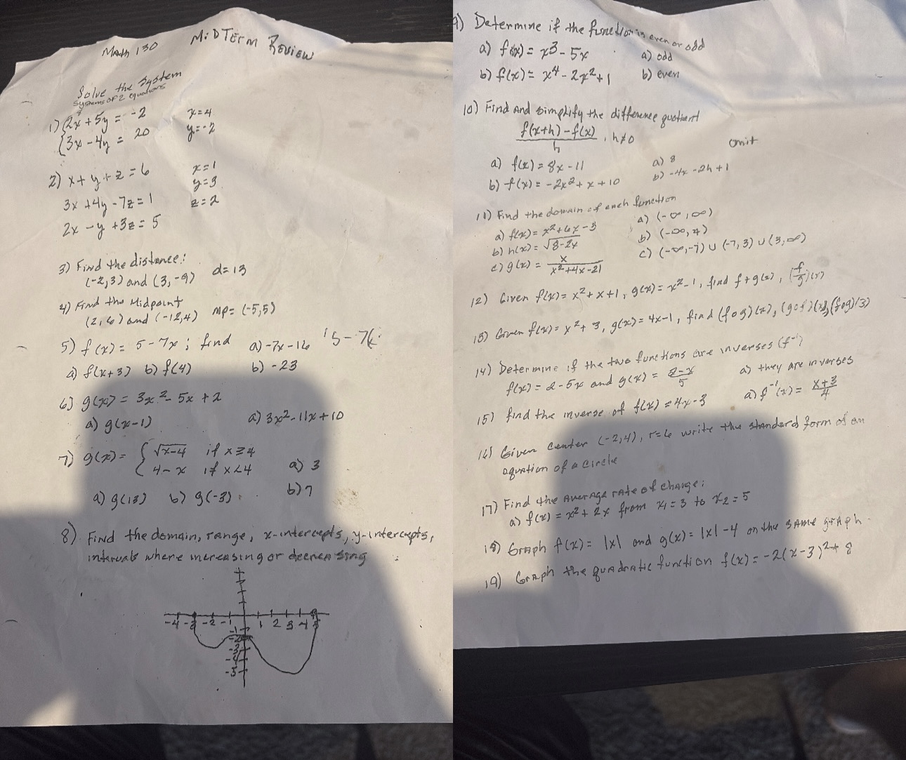 Handwritten precalculus midterm review worksheet with systems of equations and graphs
