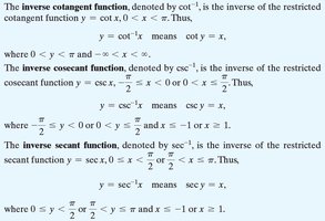Definitions of inverse cotangent, cosecant, and secant functions