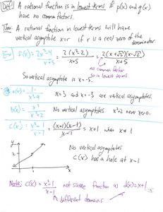 Handwritten notes showing rational functions, vertical asymptotes, and holes with graphs