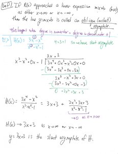 Handwritten notes showing slant asymptote calculation and example