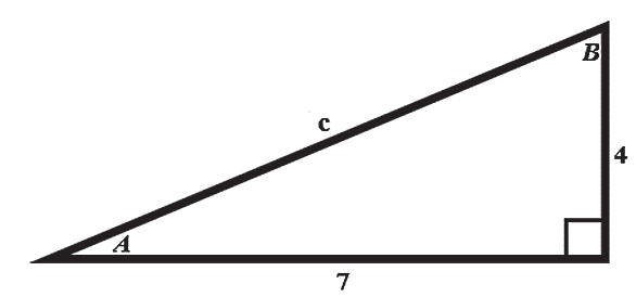 Right triangle with sides 7 and 4, angles A and B