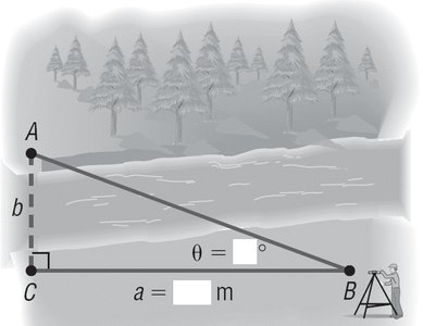 Surveyor measuring the width of a river using a right triangle