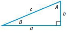 Labeled right triangle with sides a, b, c and angles A, B