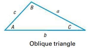 Labeled oblique triangle with sides a, b, c and angles A, B, C