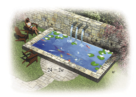 Diagram of koi pond with dimensions labeled for area maximization