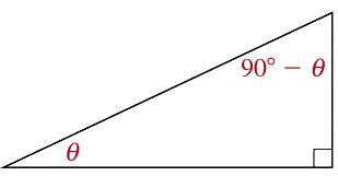 Right triangle showing θ and its complement 90° - θ