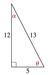 Right triangle with sides 5, 12, 13 and angles α, θ