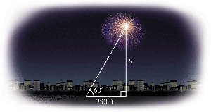 Fireworks trajectory with right triangle, angle 60°, horizontal distance 390 ft