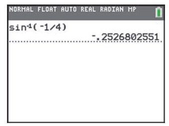Calculator display for sin^-1(-1/4)