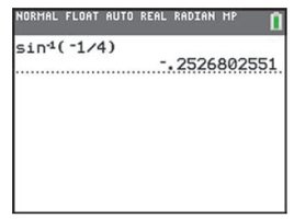 Calculator display showing sin^{-1}(-1/4)