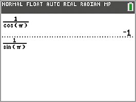 Calculator showing sec(π), csc(π)