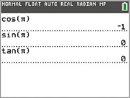 Calculator showing cos(π), sin(π), tan(π)