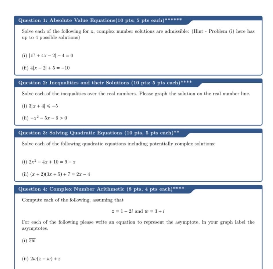 Worksheet with precalculus questions