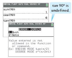 Calculator showing sin(90), cos(90), tan(90)