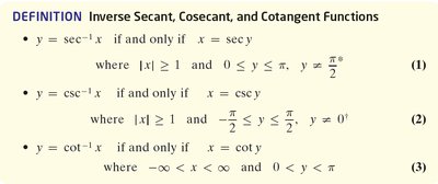 Definition of Inverse Secant, Cosecant, and Cotangent Functions