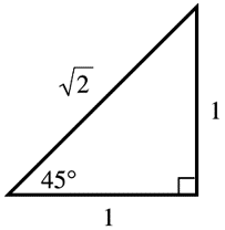 45-45-90 triangle with sides labeled 1, 1, and sqrt(2)
