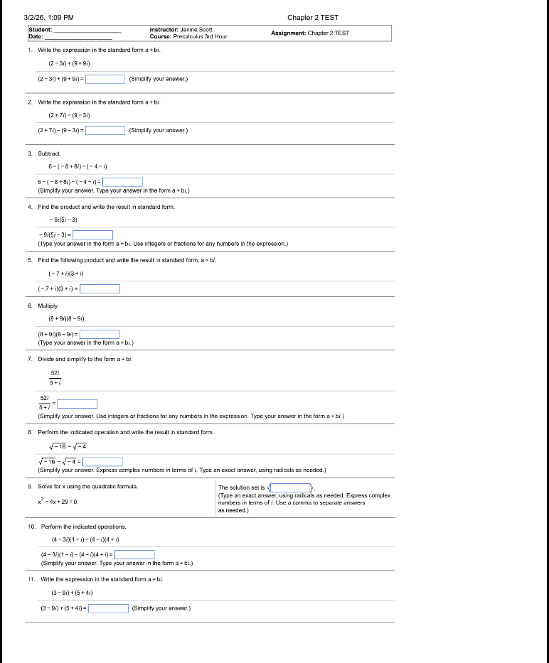 Chapter 2 TEST worksheet with complex numbers and quadratic formula problems