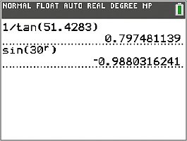 Calculator display for cot(51.4283°) and sin(30 radians)
