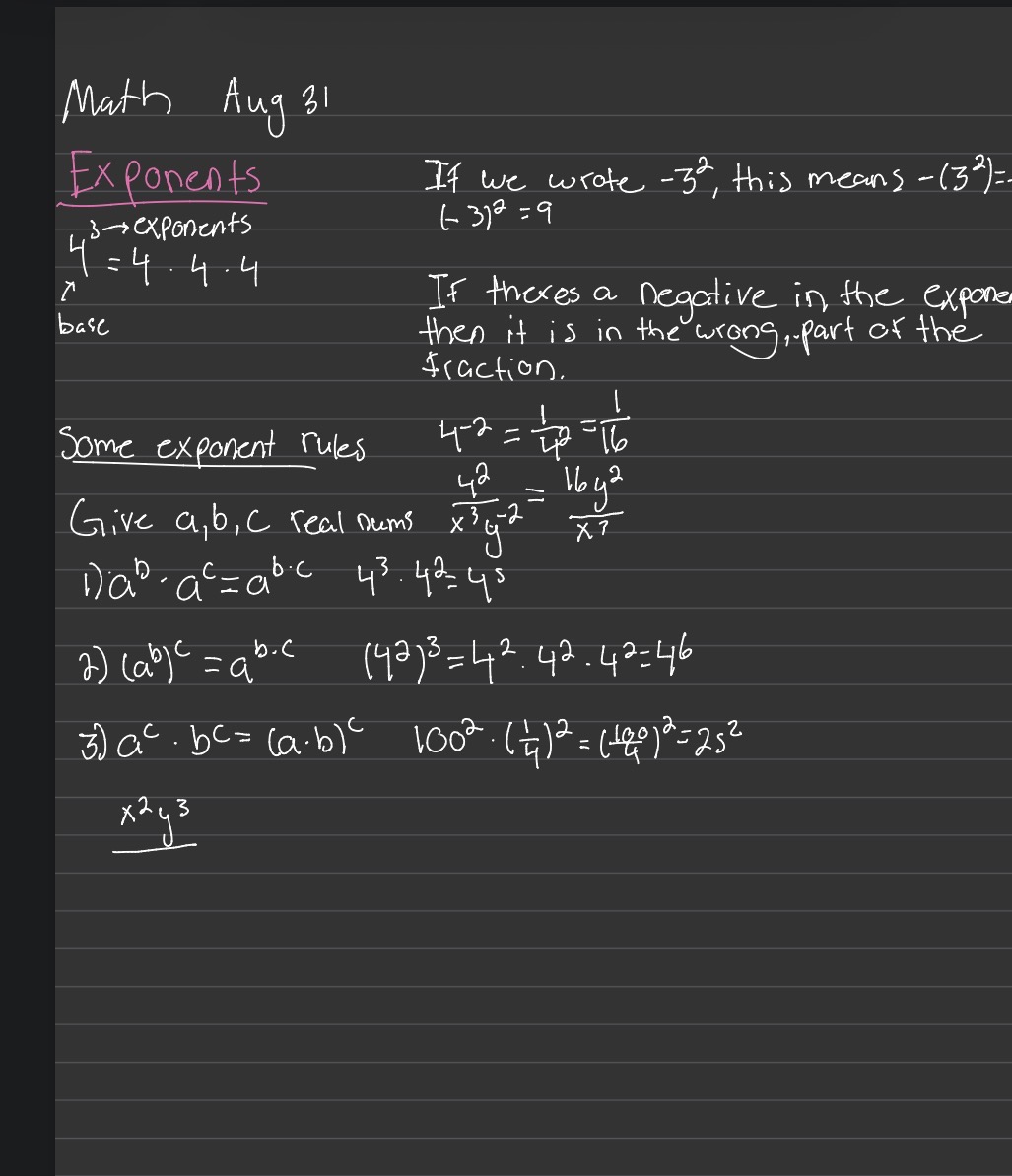 Handwritten notes on exponents, exponent rules, and examples