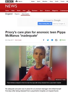 News article about inadequate care plan for anorexic teen