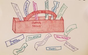 Toolbox of coping skills including journaling, music, drawing, and self-soothing