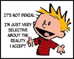 A cartoon character saying 'It's not denial, I'm just very selective about the reality I accept'
