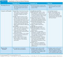 Table classifying pain by inferred pathology