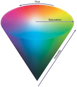 Cone diagram showing hue, intensity, and saturation