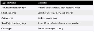 Table of phobia types and examples
