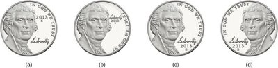 Different depictions of US nickels to illustrate encoding failure