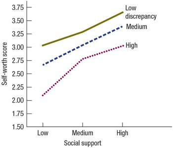 Graph showing relationship between social support, discrepancy, and self-worth