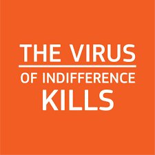 Text: The virus of indifference kills, representing the numbing effect of media violence