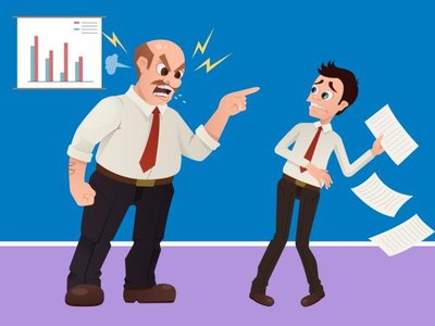 Cartoon of a boss yelling at an employee, representing hostile aggression