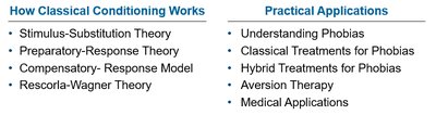 Overview table of classical conditioning theories and applications