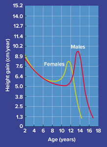 Graph showing height gain by age for males and females